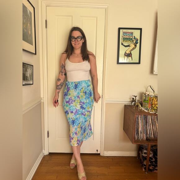 Vintage Dresses & Skirts - Y2K Vintage Blue Floral Watercolor Slip Style Skirt